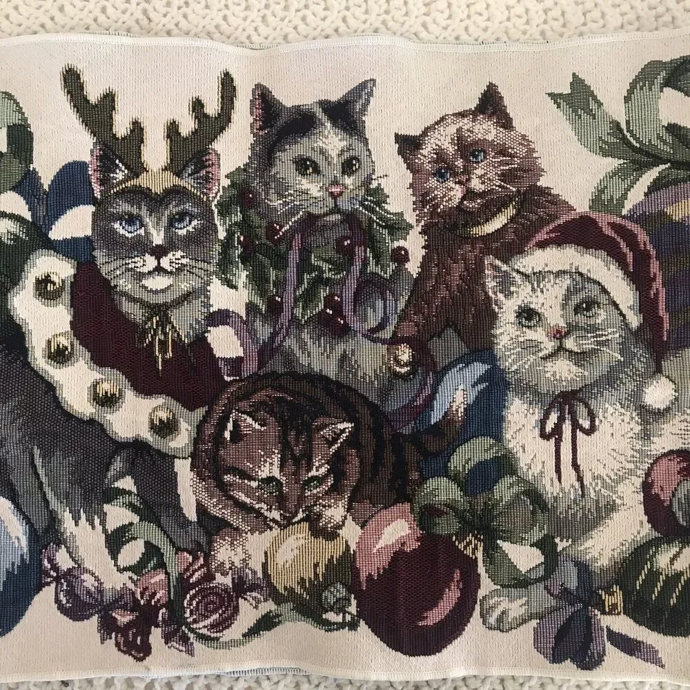 Vintage Cats Kitties Tapestry Table Runner Christmas Mischief Holiday 69 in.